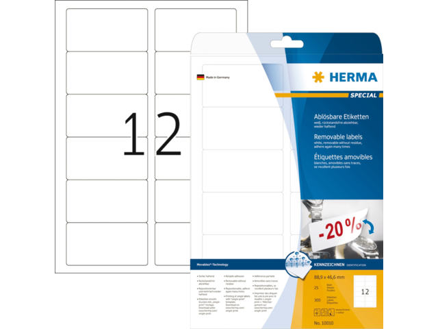 Etiket HERMA 10010 88.9X46.6MM verwijderbaar wit 300 stuks