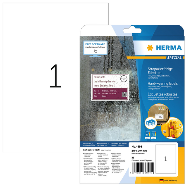 Etiket HERMA 4698 210x297mm weerbestendig wit 25stuks Etiket HERMA 4698 210x297mm weerbestendig wit 25stuks