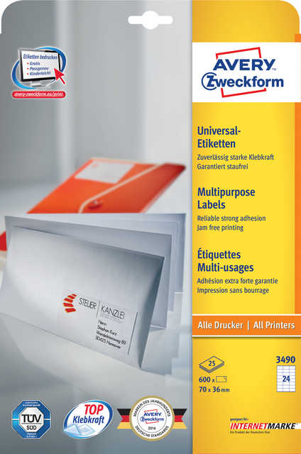 Etiket Avery Zweckform 3490 70x36mm wit 600stuks Etiket Avery Zweckform 3490 70x36mm wit 600stuks