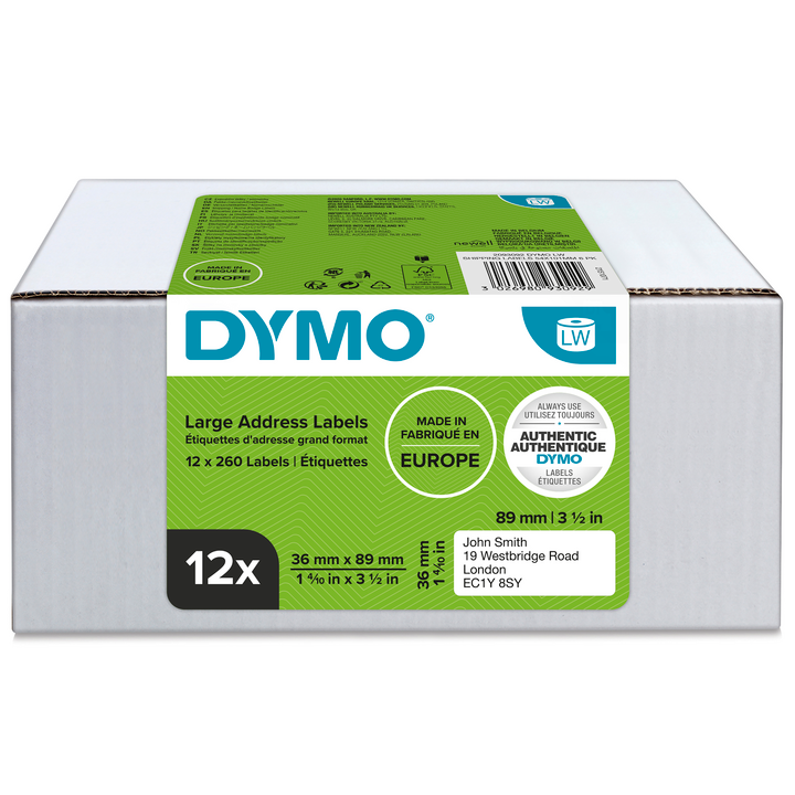 Dymo 2093093 12-pack LW etiket 99012, 36x89mm wit papier
