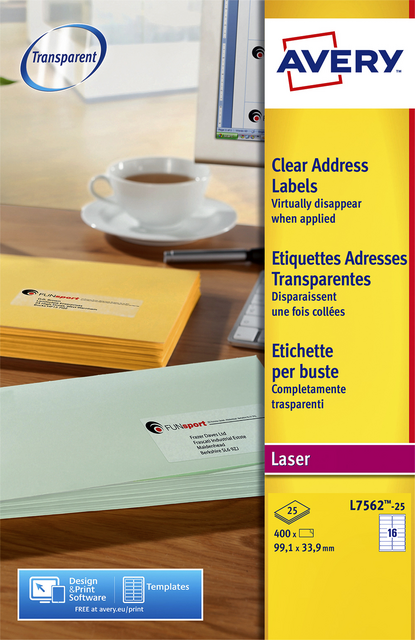 Etiket Avery L7562-25 99.1x33.9mm transparant 400 etiketten