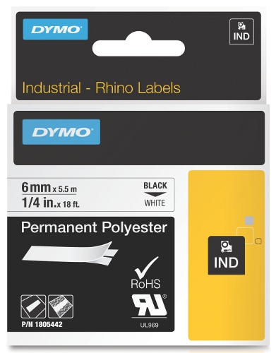 Dymo 1805442 RHINO permanent polyester zwart op wit 6mm