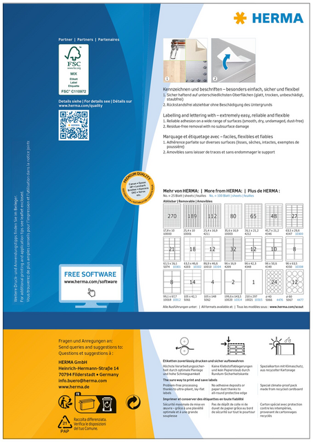 HERMA 10308 Label, 96 x 63.5 mm, Removable, White, 800 pieces