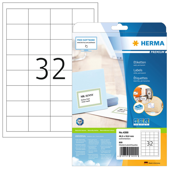 Etiket HERMA 4200 48.3x33.8mm premium wit 800stuks Etiket HERMA 4200 48.3x33.8mm premium wit 800stuks