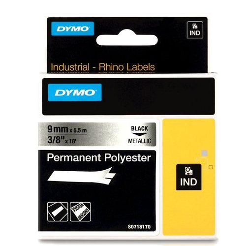 Dymo RHINO 18485 Permanente Polyester Tape zwart op gemetaliseerd 9mm