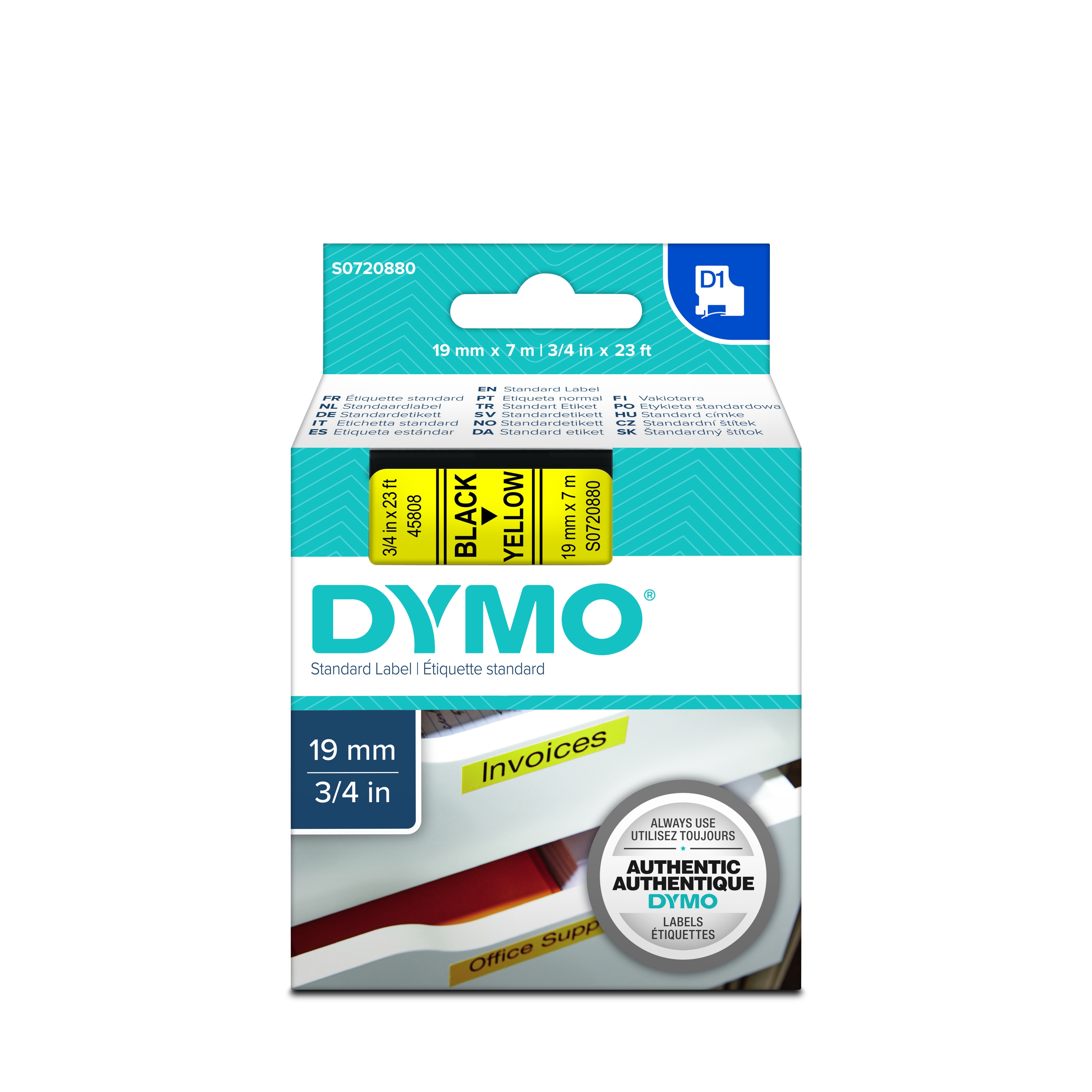 Dymo 45808 D1 Tape 19mm x 7m zwart op geel 