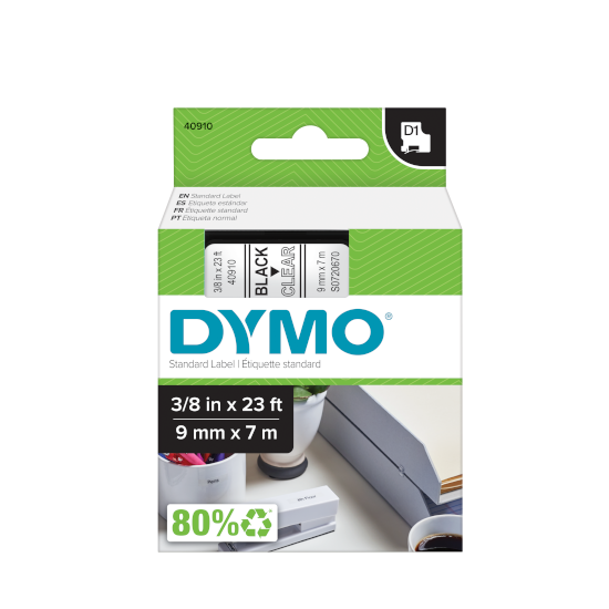 Dymo 40910 D1 Tape 9mm x 7m zwart op transparant 