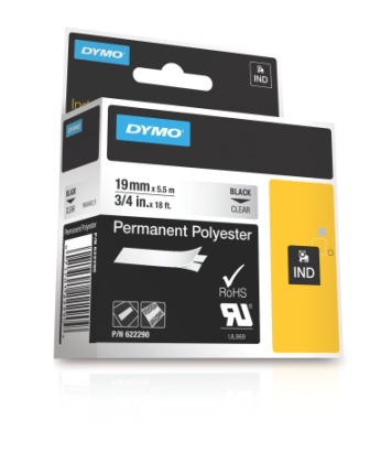 Dymo 622290 RHINO permanent polyester zwart op transparant 19mm