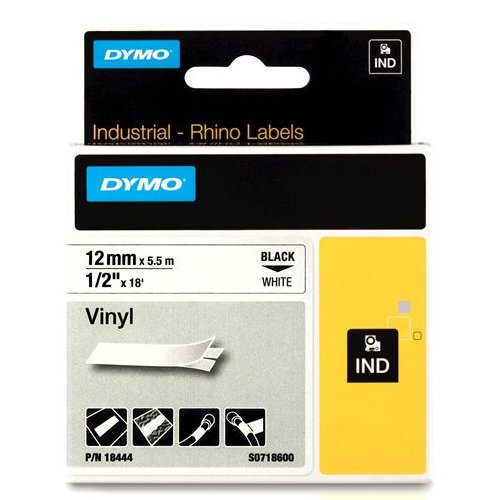 Dymo RHINO 18444 Gekleurd Vinyl zwart op wit 12mm
