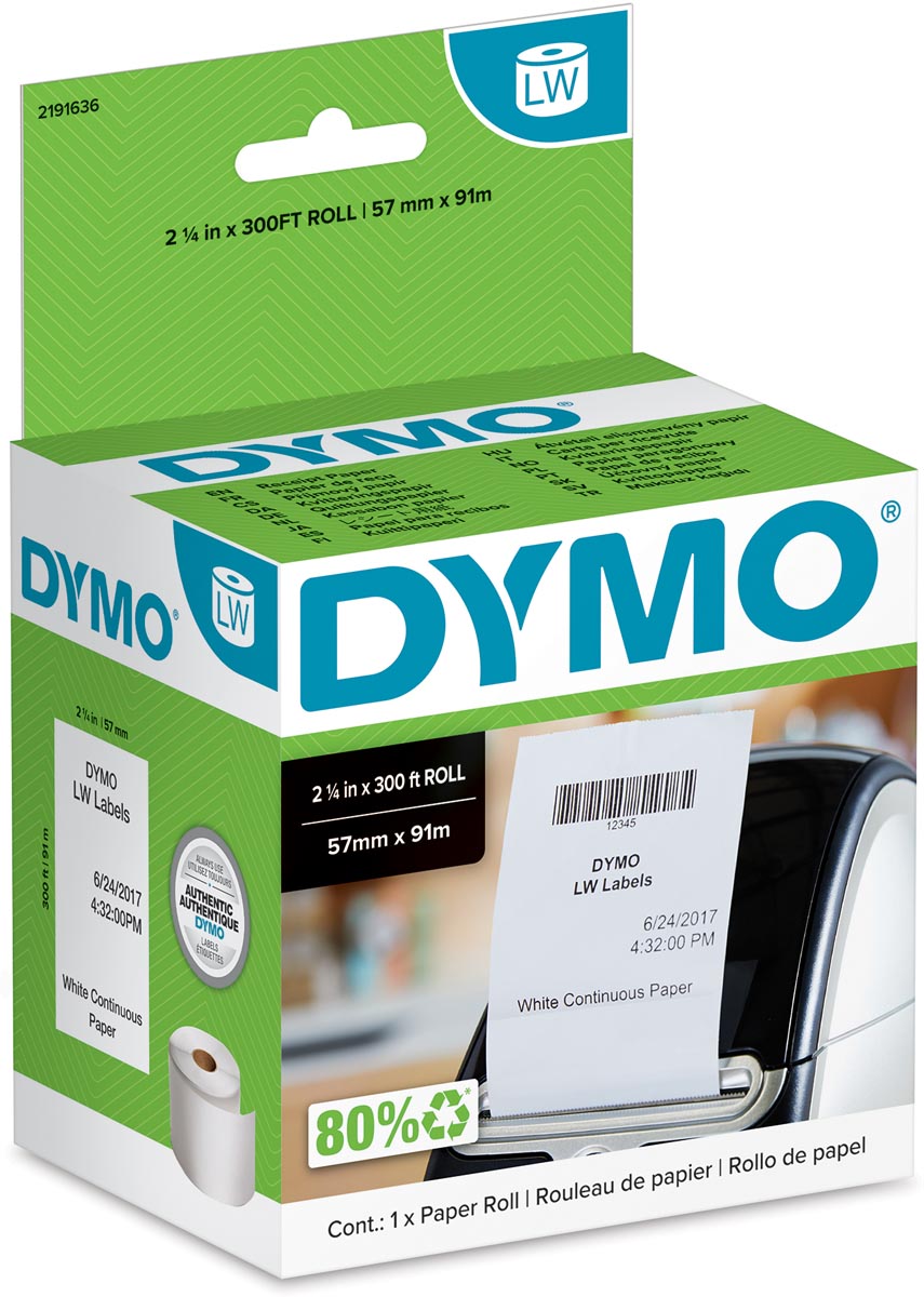 Dymo 2191636 doorlopend papier 57mm x 91m, niet-klevend