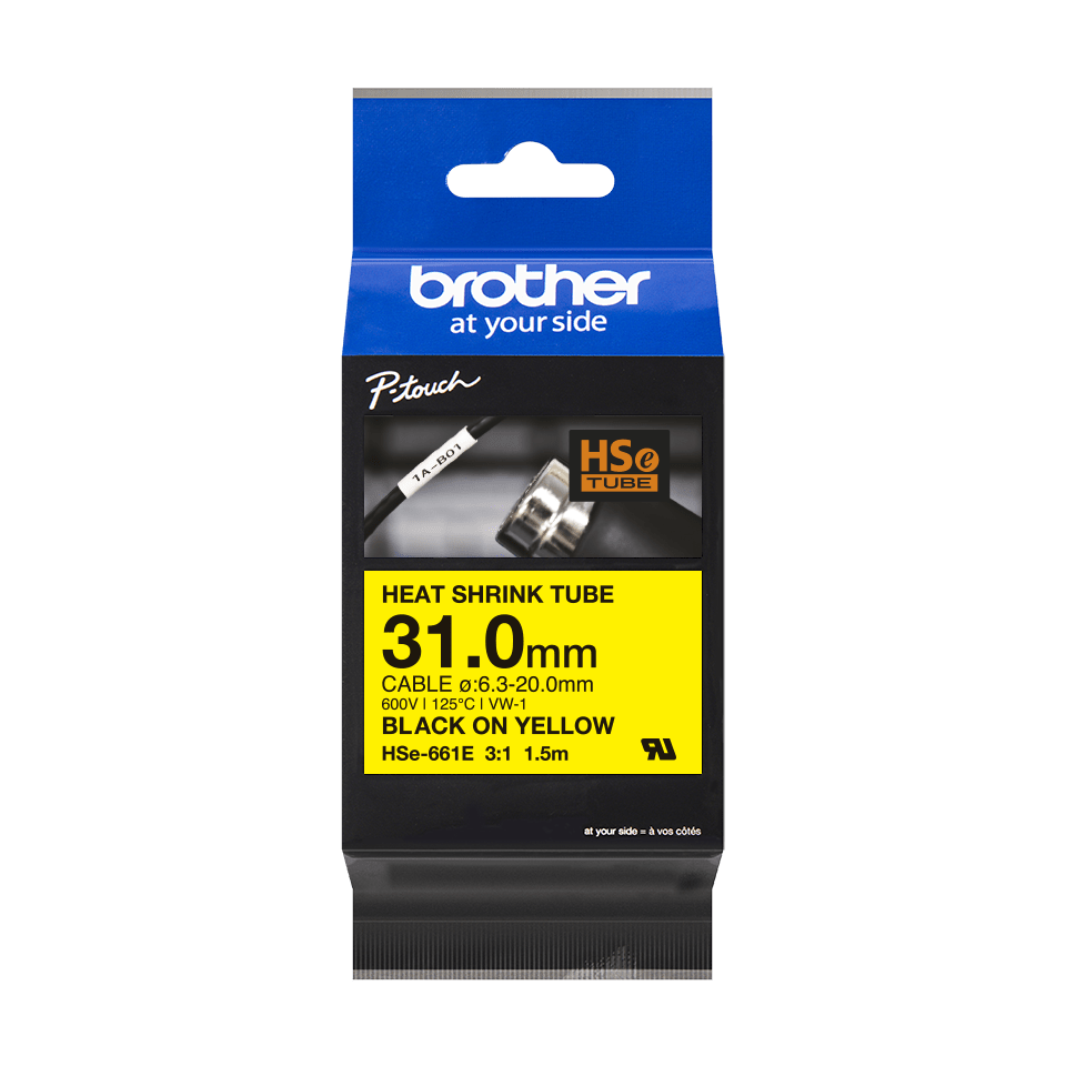 Brother HSE-661E Heat Shrink Tube, 31mm, zwart op geel Brother HSE-661E Heat Shrink Tube, 31mm, zwart op geel