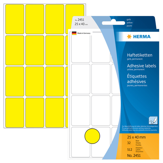 Etiket HERMA 2451 25x40mm geel 512 stuks Etiket HERMA 2451 25x40mm geel 512 stuks